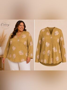 EUC Ava & Viv Mustard Floral V-Neck Long Sleeve Blouse